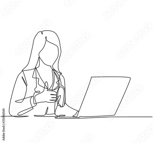 One line drawing of young happy doctor woman open a laptop to write medical record and gives thumbs up gesture. Healthcare service concept. Continuous line draw design vector illustration