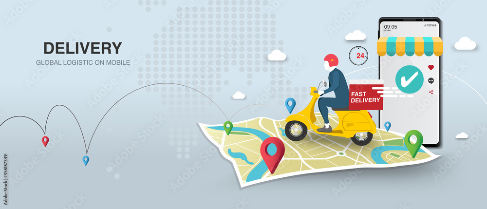 Courier man rides scooter and smartphone vector illustration for Online delivery service on mobile with order tracking Courier man rides scooter and smartphone vector illustration for Online delivery service on mobile with order tracking