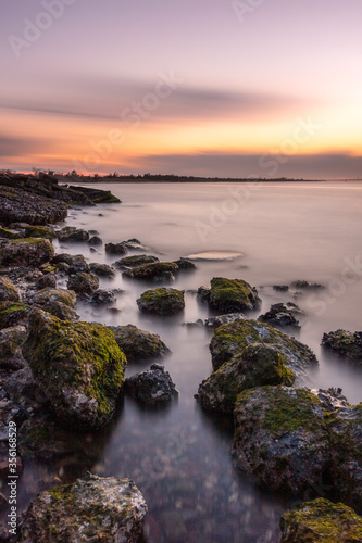 Algae covered rocks getting slowly revealed as the tide goes out. Soft smooth clouds streaking across the sunset sky. 