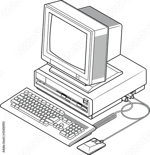 Detailed line drawing of an old vintage/retro obsolete computer.