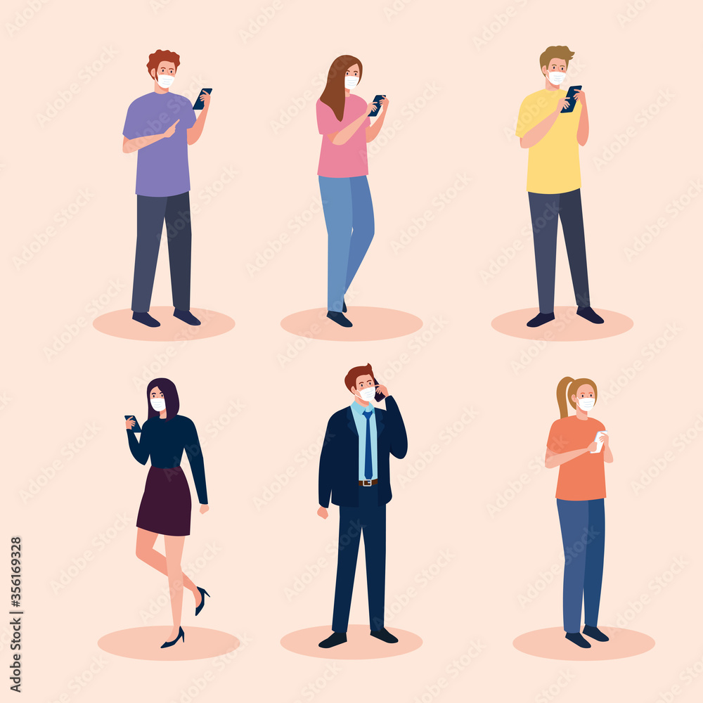 group people wearing medical mask against covid 19 using smartphone, social media coronavirus concept vector illustration design group people wearing medical mask against covid 19 using smartphone, social media coronavirus concept vector illustration design