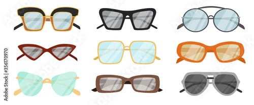 Summer sunglasses collection. Hippie, classic, aviator, round. Vector set.