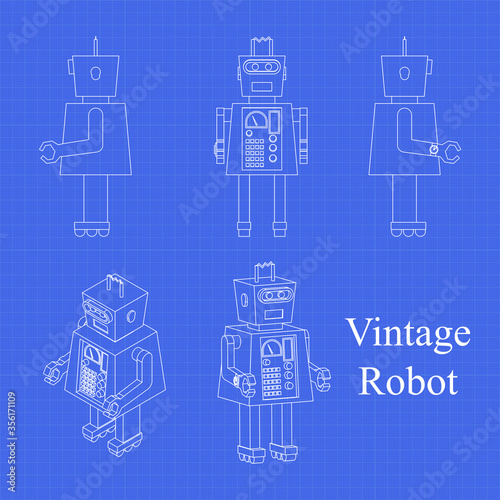 Toy robot blueprint. Toy robot vector set. Vintage technology background.