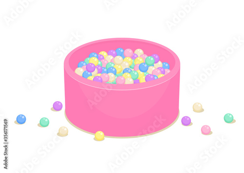 Kiddie soft pool full of colorful plastic balls isolated on white background.