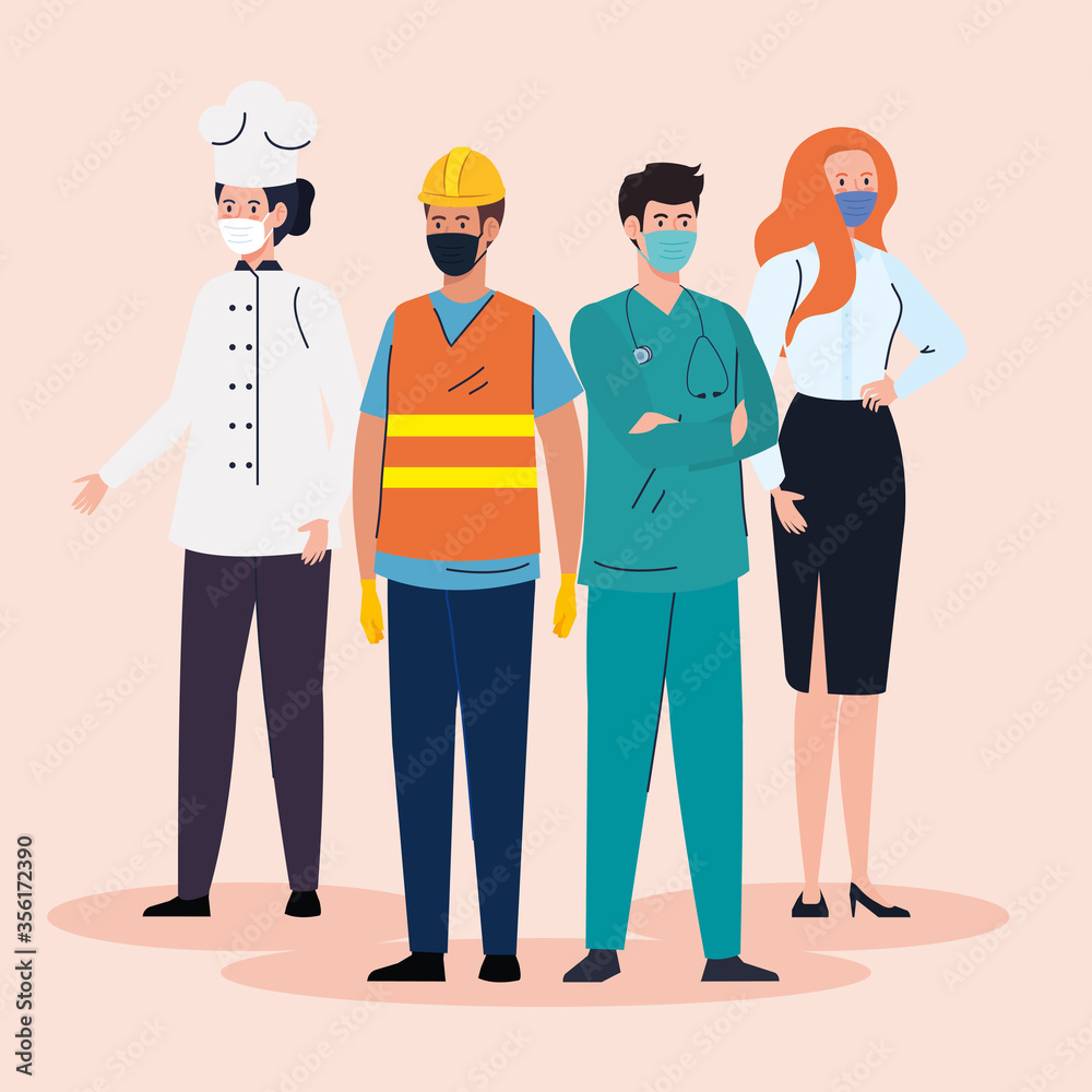 group workers wearing medical mask against covid 19 pandemic vector illustration design group workers wearing medical mask against covid 19 pandemic vector illustration design