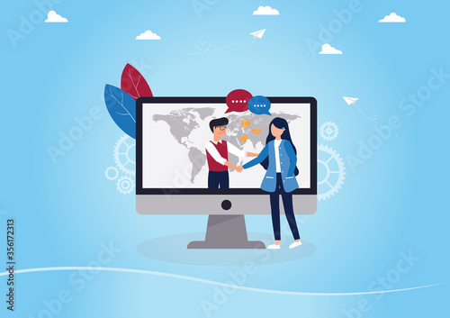 Investment and business concept,Vector illustration of Businessman and woman shake hands through a computer after successful negotiations of online conclusion,Starting new business,Strategy success