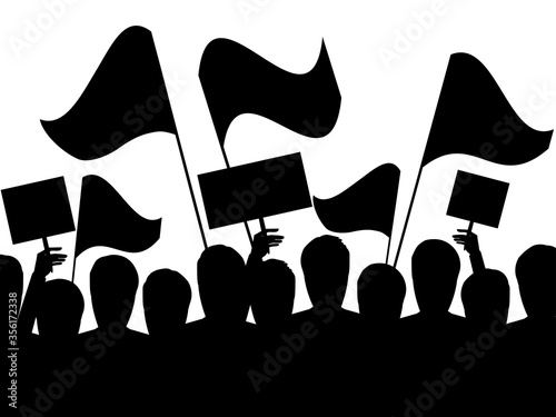 People protest, black outline of people with flags on a white background. Mass street protests. Vector illustration