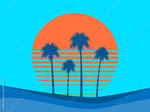 Tropical landscape with palm trees on a background of sea sunset.