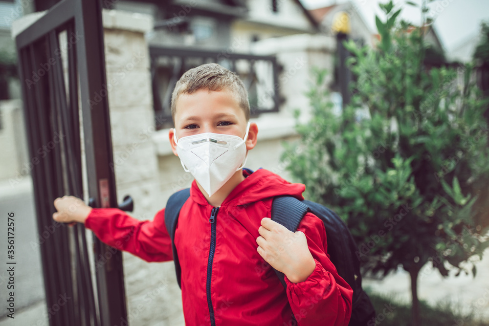 Child wear facemask during coronavirus and flu outbreak. The boy wear a mask before going to school preventing outbreak Infectious disease and dust in the air.
