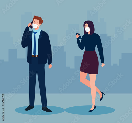 business couple wearing medical mask protection against covid 19, communicating by smartphone, social media coronavirus concept vector illustration design