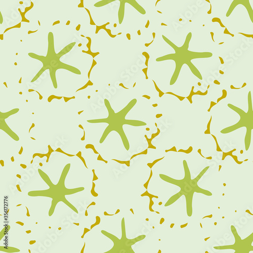 Conceptual moon crater and stars vector seamless pattern background. Naive style hand drawn celestial asteroids on light green backdrop. Modern all over print of astronomical objects in universe.