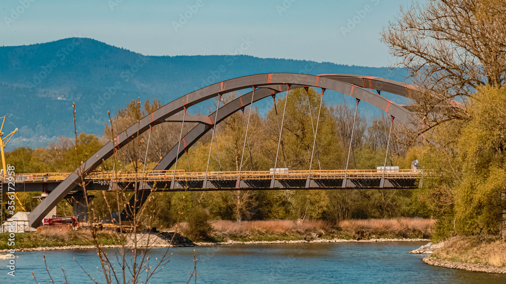 Beautiful spring view at the build site of the new Isar bridge, largest span arch bridge of bavaria from 2021 on, Plattling, Germany