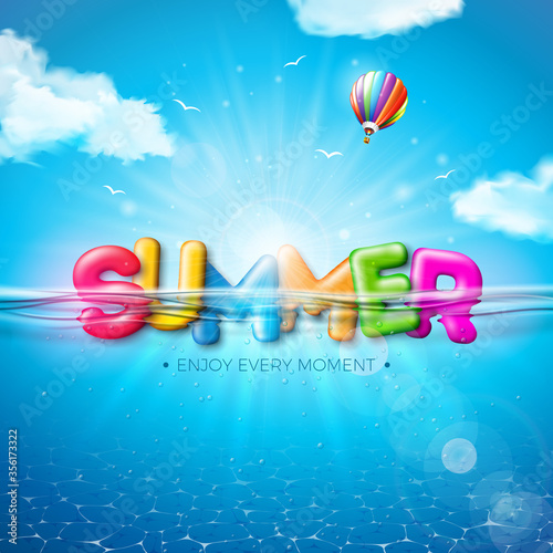 Vector Summer Illustration with Colorful 3d Typography Letter on Underwater Blue Ocean Background. Realistic Summer Vacation Holiday Design for Banner, Flyer, Invitation, Brochure, Poster or Greeting