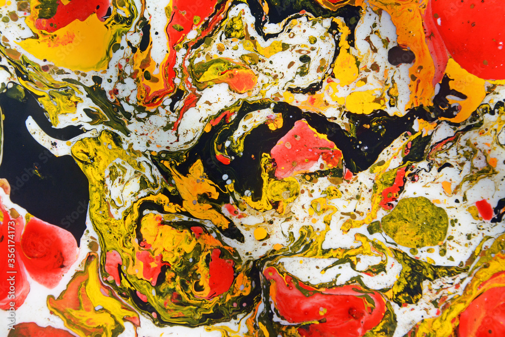 Fototapeta premium Closeup abstract color mixing of water, acrylic,oil and milk for use as background. Acrylic texture with marble pattern, multi color background. 