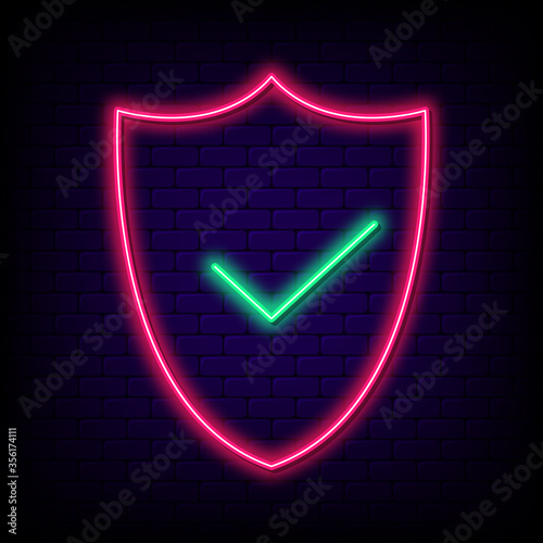 Neon security shield with Check mark. Safety or approve concept with neon light shield and glowing sign of checkmark. Vector illustration.