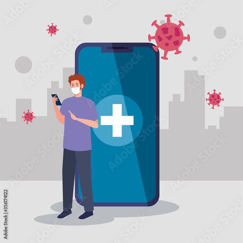 man wearing medical mask look into her smartphone, covid 19, social media coronavirus concept vector illustration design