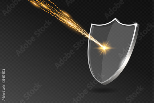 Glass shield reflects lightning strike. Acrylic or plexiglass security shield on transparent background with shadow, rays and lights. Virus attack protection concept. Vector illustration.