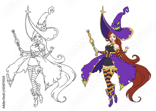 Beautiful cartoon witch wearing big Halloween hat and purple dress.