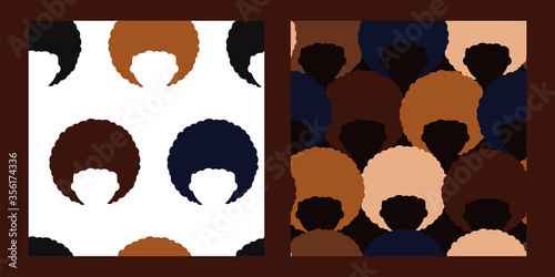 set of two seamless patterns with abstract silhouettes of black people with afro hairstyle. black lives matter. women and men. Stop racism concept