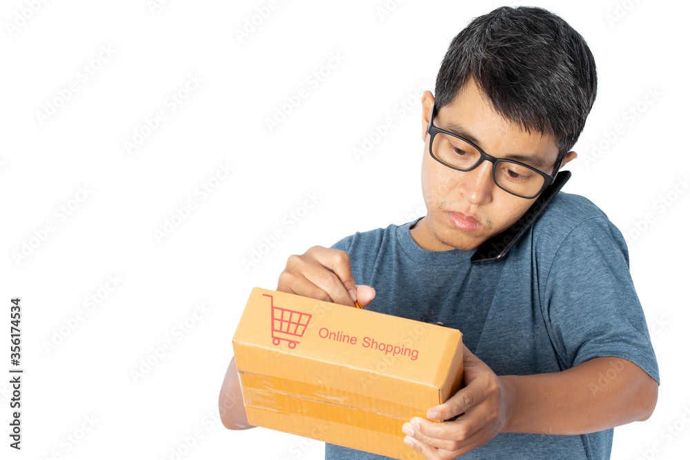Young Asian man using a smartphone checking online shopping order isolated on white background. Young Asian man using a smartphone checking online shopping order isolated on white background.