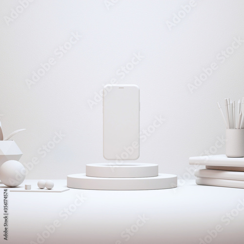 Modern Desktop Stage Arrangement With Smartphone Mockup and Decorations 3D Rendering.