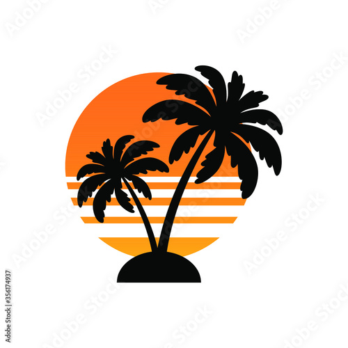 Sunset with palm trees on the tropical island. Palm tree icon of summer and travel logo vector illustration design. vector illustration. EPS10