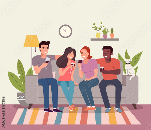 Young women, men are drinking a glass of red wine in their living room. Vector flat style illustration