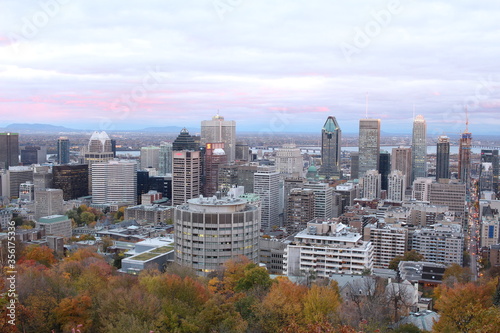 Skyline of downtown Montreal  buildings and skyscrapers in the cityscape  overcast sky