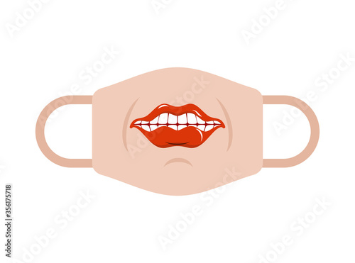 Protective mask template with mouth and lips. Coronavirus protection. Homemade mask model. Individual mask design with teeth COVID-19. Pandemic self-isolation