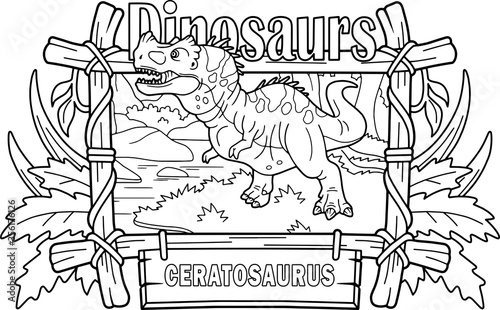 prehistoric predatory dinosaur ceratosaurus, went hunting, coloring book