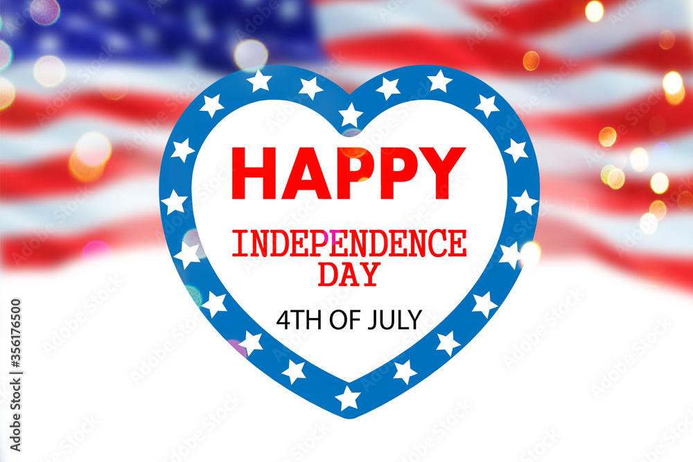 Fototapeta premium Happy independence day banner or card with heart emblem, american flag and blue sky