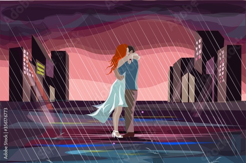 a couple in love hugs in the middle of an empty street in the rain. vector illustration