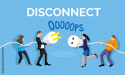 Disconnect plug concept. People holding unplugged cable. Error 404 page not found vector illustration. Trouble of internet connection and disconnect problem page. Digital detox and offline banner