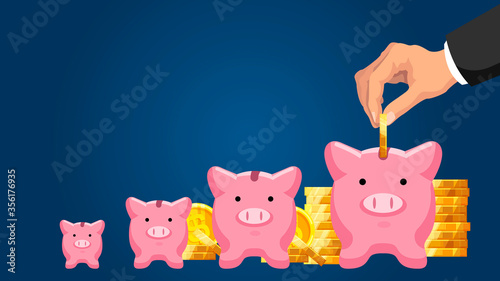 Financial assets. Businessman hand putting golden coin into piggy bank. Wealth and capital investment, retirement savings concept. Saving dollar coins in moneybox cartoon vector illustration.