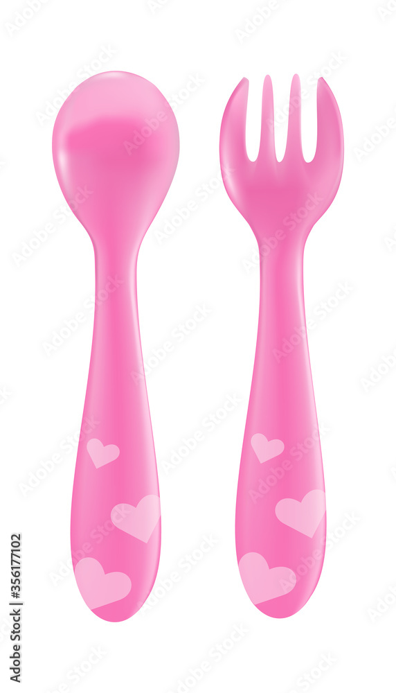 3d realistic vector set of baby pink fork and spoon. Isolated on white background icon illustration.