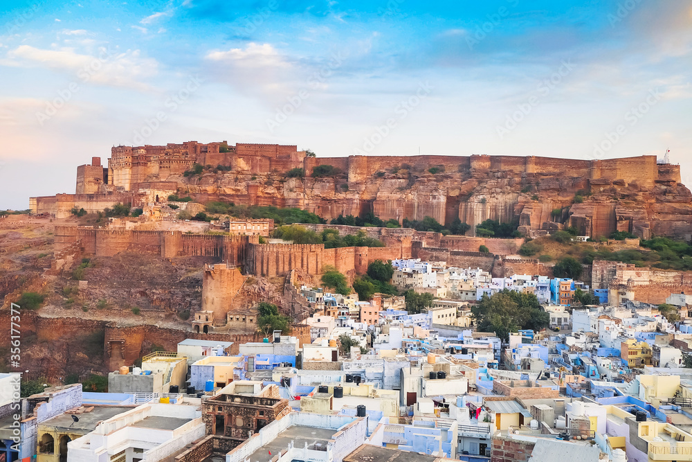 View of Mehrangarh Fort at Jodhpur city from roof top of the hotel,  The blue city is one of famous cities in Rajasthan, state in India.