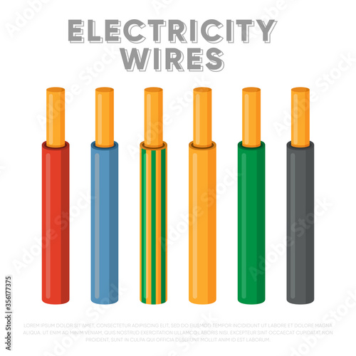 Electricity wires. Single core industrial cables set. Multicolored power cables in insulation vector illustration. Electric wires for telecommunication and power industry. Examples of flexible cables