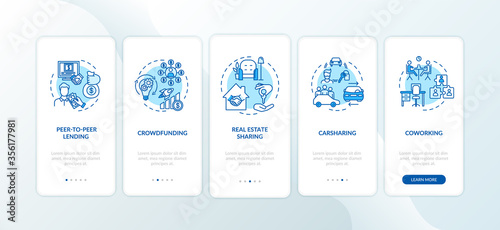 Sharing economy onboarding mobile app page screen with concepts. Peer to peer business models walkthrough five steps graphic instructions. UI vector template with RGB color illustrations