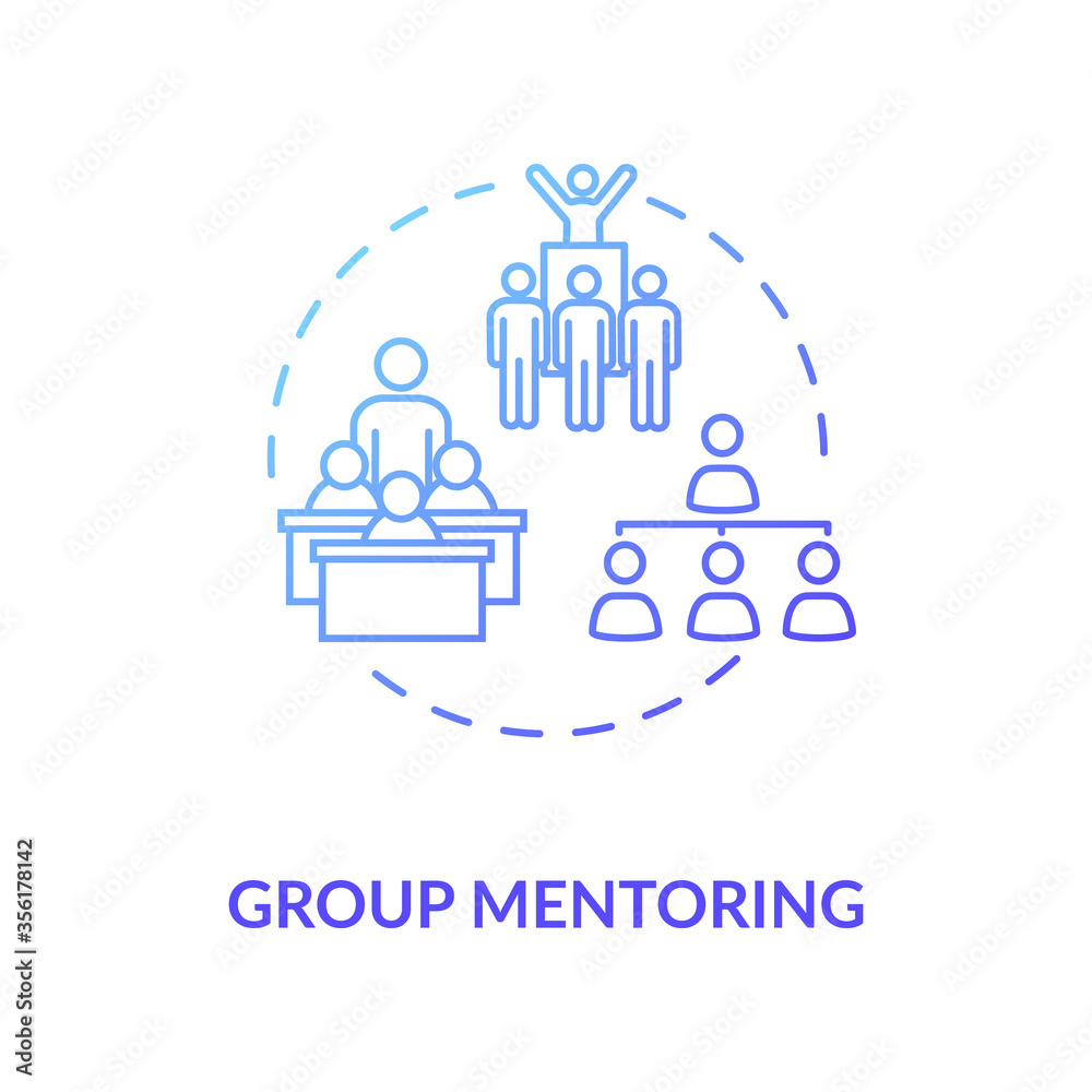 Group mentoring concept icon. Collective mentorship model. Educational seminars, conferences and school programs idea thin line illustration. Vector isolated outline RGB color drawing Group mentoring concept icon. Collective mentorship model. Educational seminars, conferences and school programs idea thin line illustration. Vector isolated outline RGB color drawing