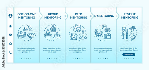 Mentorship systems onboarding vector template. Education guidance. Learning in group. One on one mentoring. Responsive mobile website with icons. Webpage walkthrough step screens. RGB color concept