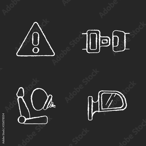 Drivers safety precautions chalk white icons set on black background. Security measures, safe driving. Warning sign, seatbelt, airbag and rear view mirror. Isolated vector chalkboard illustrations