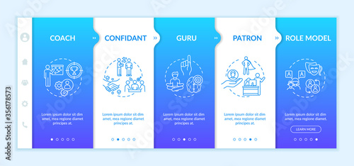 Teacher types onboarding vector template. Confidant to work in team. Coach for personal mentoring. Responsive mobile website with icons. Webpage walkthrough step screens. RGB color concept