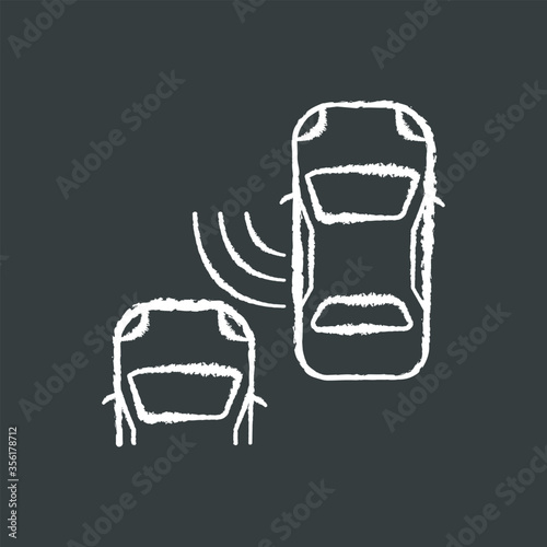 Blind spot monitoring system chalk white icon on black background. Safe driving and car security, modern traffic safety. Smart driver assistance technology. Isolated vector chalkboard illustration