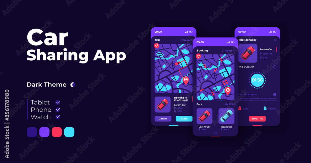 Car sharing cartoon smartphone interface vector templates set. Mobile app screen page night mode design. Auto rent. Ride sharing UI for application. Phone display with flat character