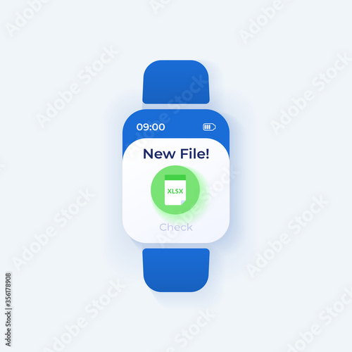 Share file smartwatch interface vector template. Mobile app notification day mode design. New document to read message screen. Flat UI for application. File manager. Smart watch display