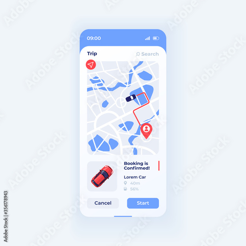 Urban trip smartphone interface vector template. Mobile app page white design layout. Collective car sharing screen. Flat UI for application. Taxi route. Transport for rent. Phone display