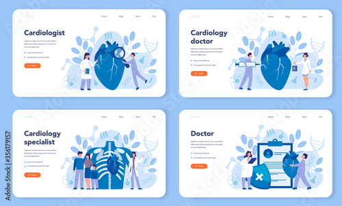 Cardiology web banner or landing page set. Doctor deal with