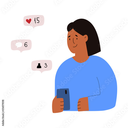 Girl with the phone.Vector flat illustration.Girl checking social network push notification.Dependence on social networks.Smartphone and internet addiction.