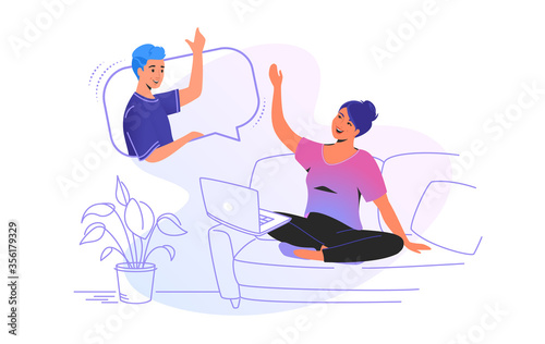 Social media mobile video conversation or chat. Concept vector illustration of young woman sitting at home and talking to her friend via video call app using laptop. Online communication white banner
