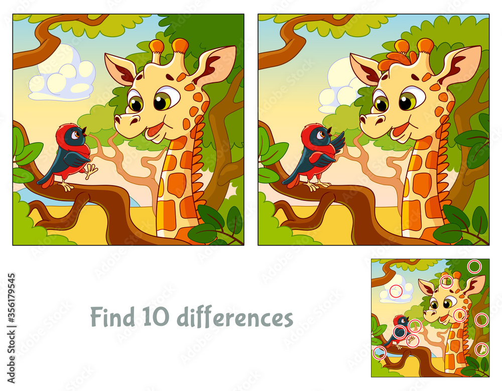 Funny giraffe talking to a small bird. Find 10 differences. Educational ...